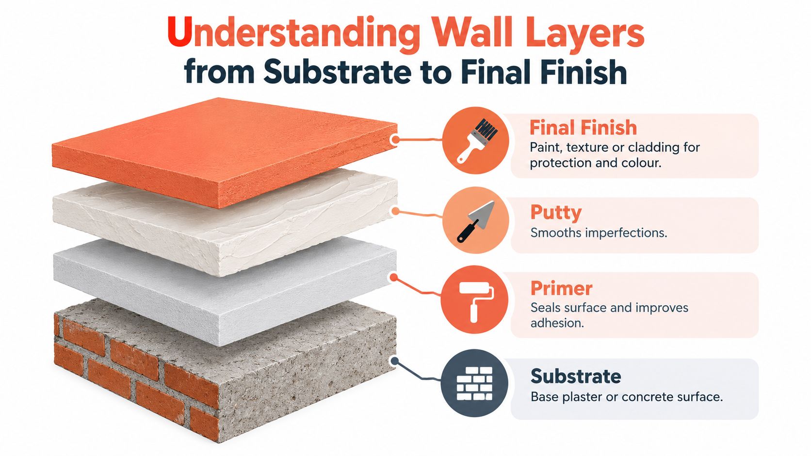 A diagram illustrating the four essential layers of a wall, from the substrate to the final finish.