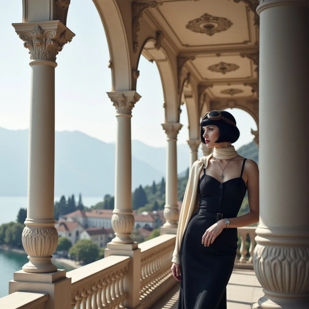 AI photography 1960s woman standing on balcony, mid-century architecture, soft sunlight, vintage lifestyle imagery