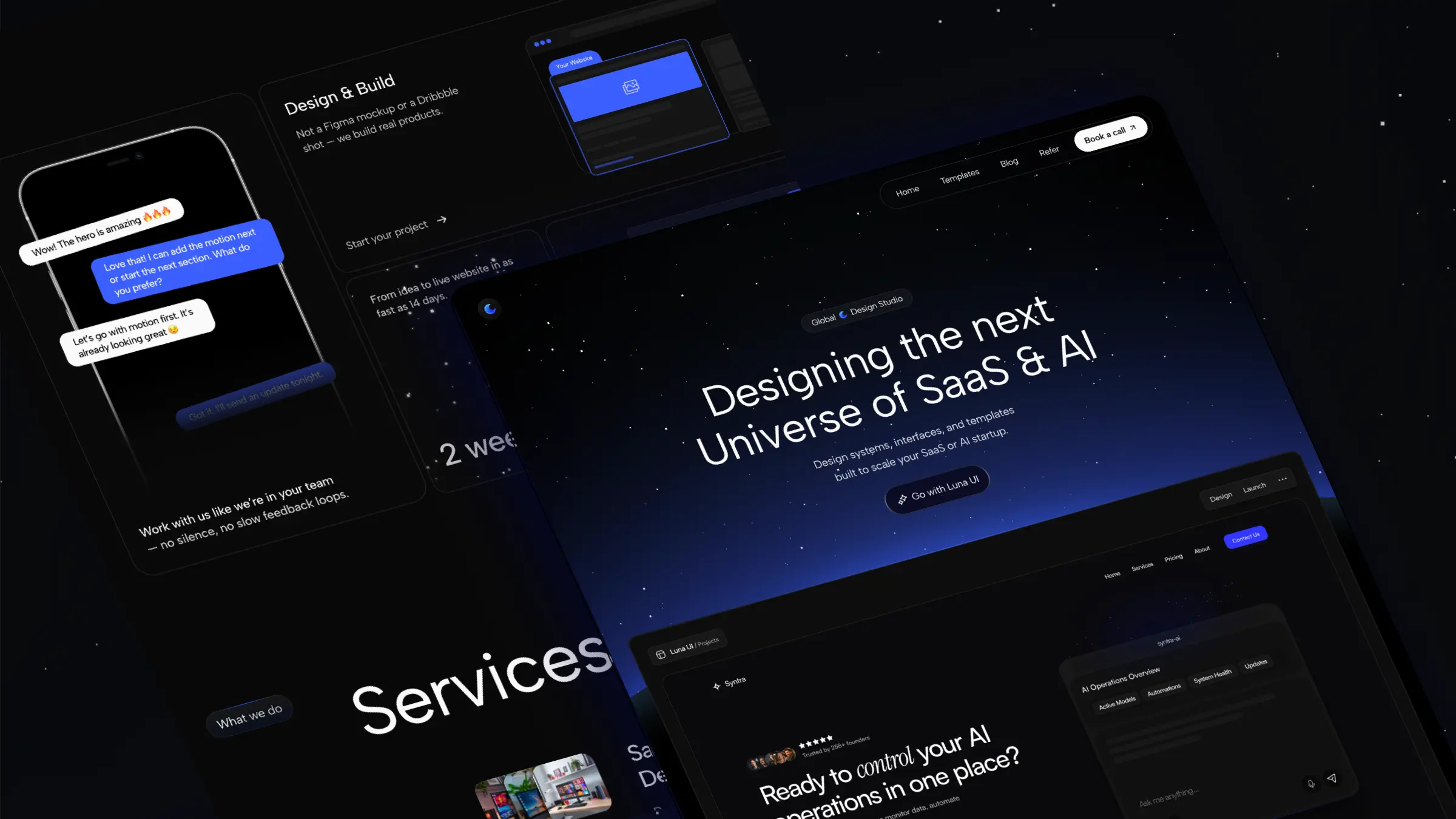 Luna UI website showcase — modern dark-mode layout featuring “Designing the next Universe of SaaS & AI” headline and Framer-built interface.