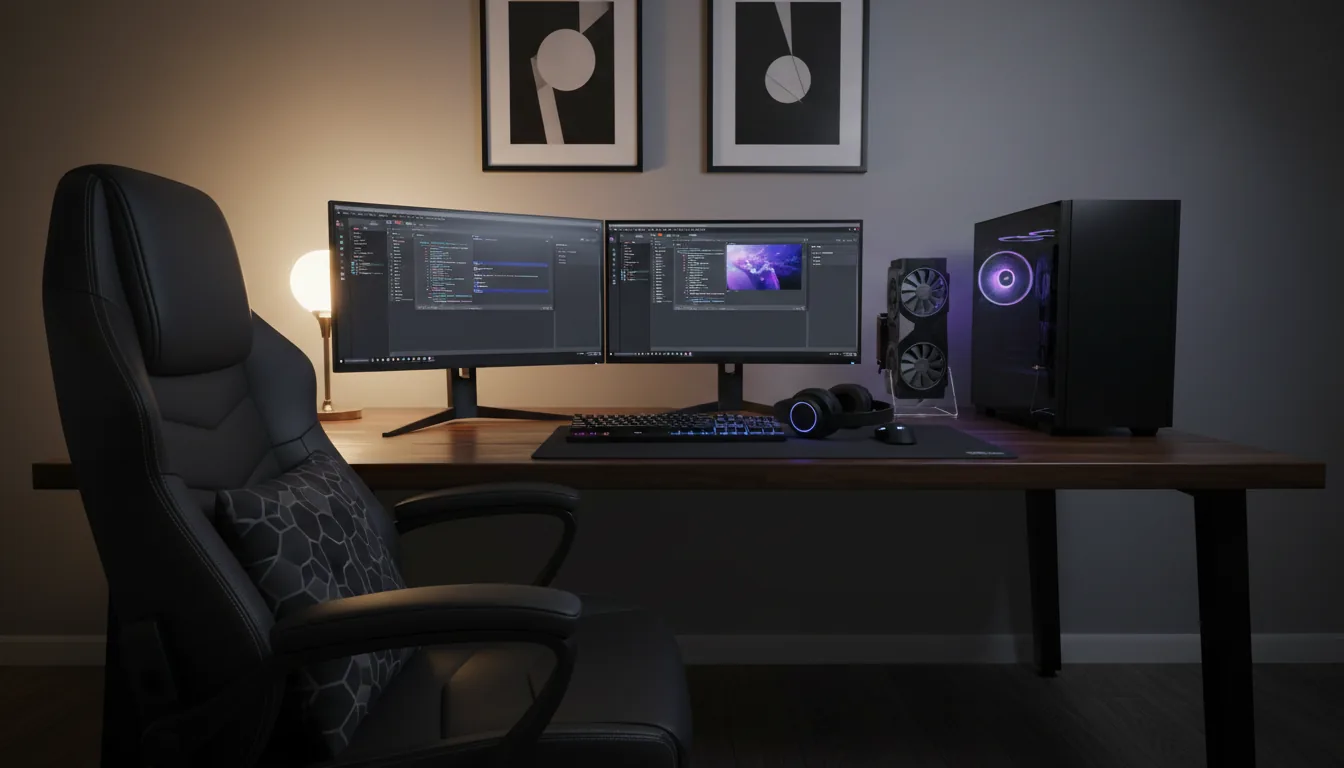 DSLR photograph of a high-end computer workstation in a dimly lit room, soft studio lighting with a warm directional accent. A large, dark polished wood desk holds a dual-monitor setup with dark mode software UI elements. A vertically displayed high-end GPU sits on the desk next to a black PC tower. A black leather gaming chair with a geometric-patterned cushion is angled towards the desk in the foreground. Peripherals include an RGB keyboard and headphones. The background features a neutral grey wall with minimalist framed art. Sharp focus, clean modern aesthetic, moody atmosphere.