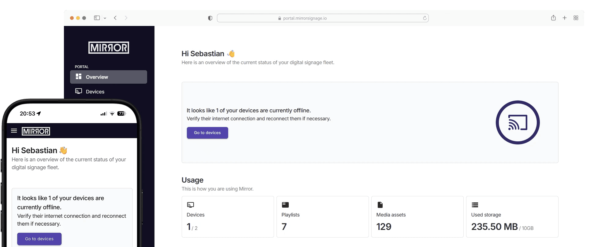Mirror signage Portal screenshot with mobile