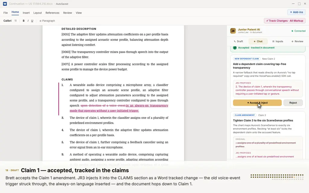 Claim edits landing in Word as tracked changes — an amendment accepted, a new dependent claim inserted, and a rejection with the attorney's typed rationale
