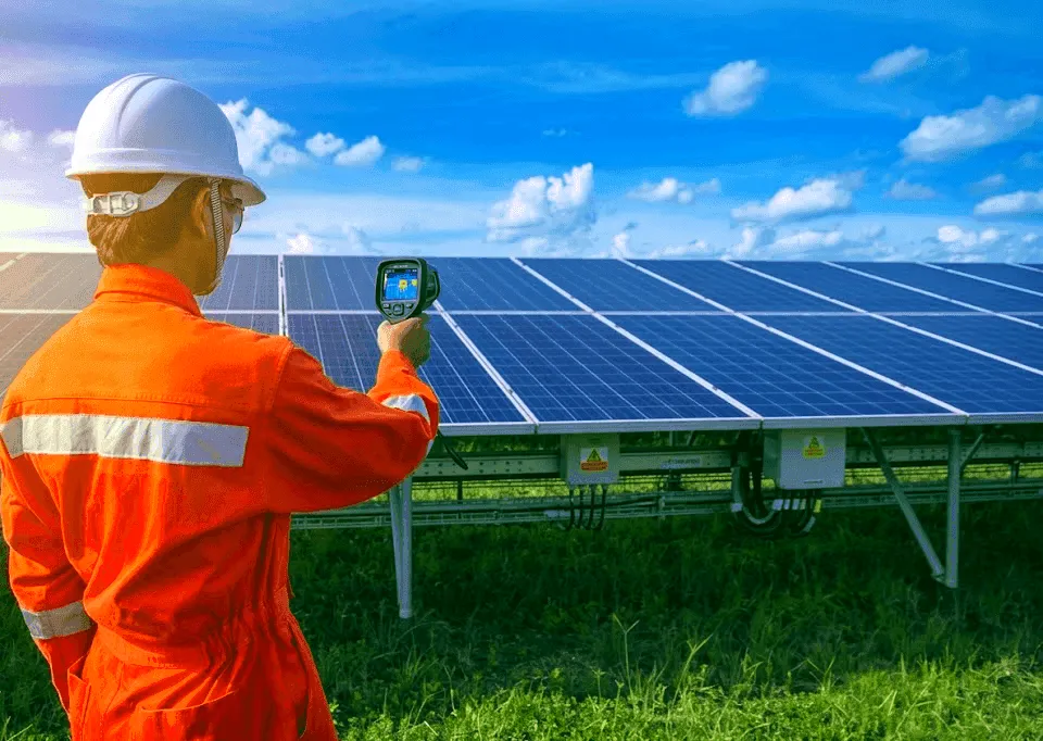 A technician in an orange uniform and helmet checks solar panels under a blue sky with clouds.