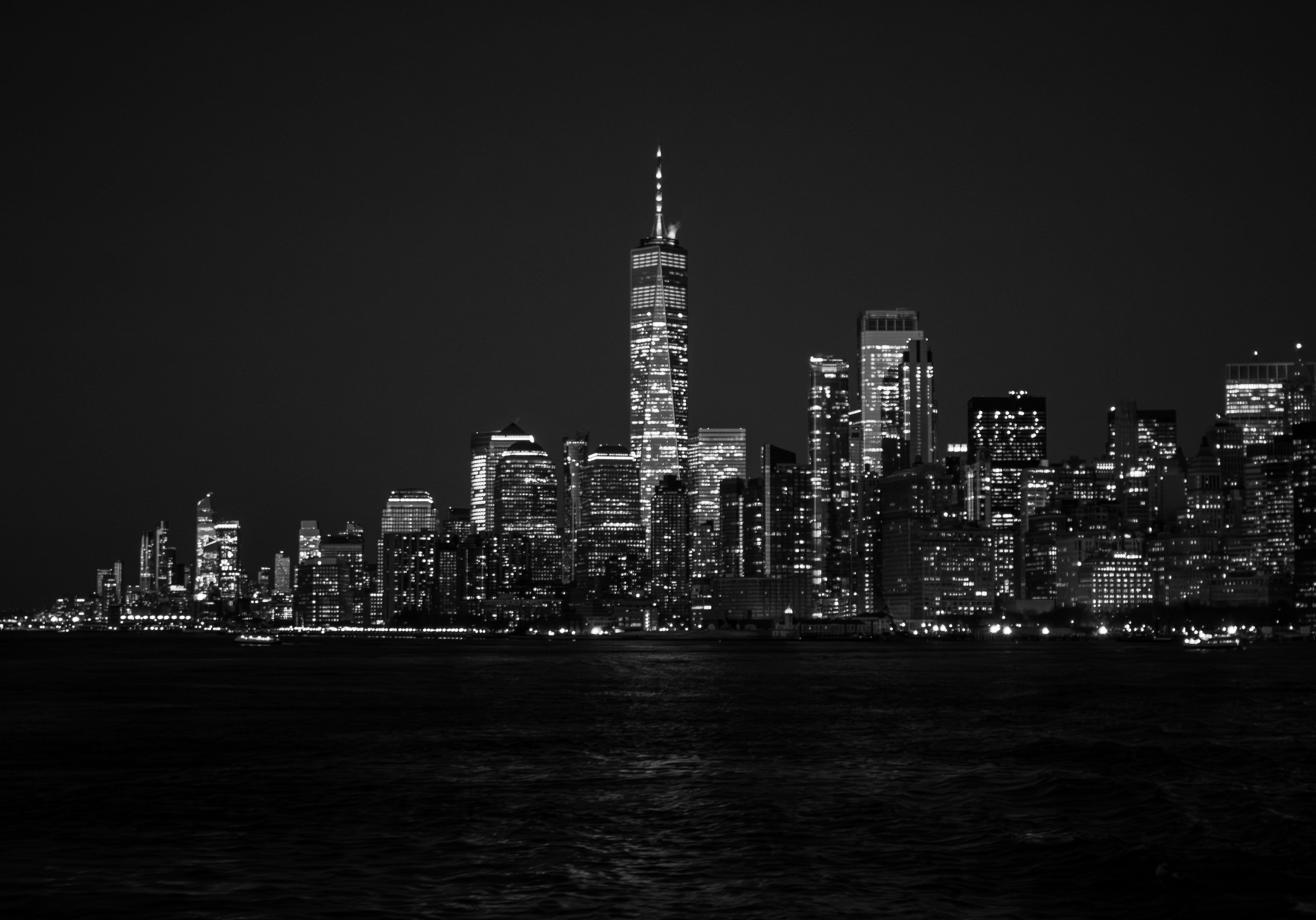 New york city skyline at night, black and white.
