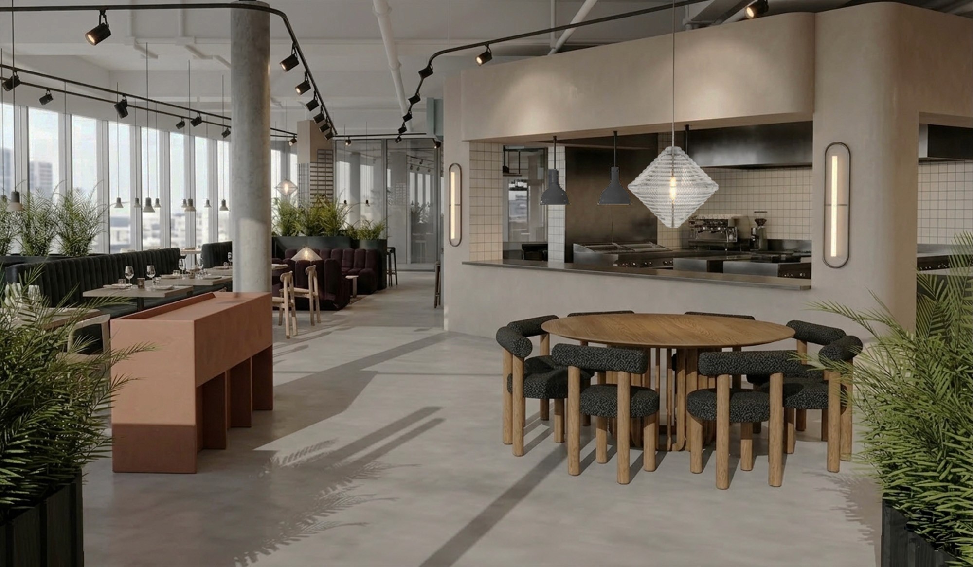 Flexibles Erdgeschoss als offener Work-Hub mit Work Café, Event-Arena und Lounge-Bereichen. Integriertes Gastronomiekonzept „MyKitchen“ für gemeinschaftliche Koch-Events und Workshops.