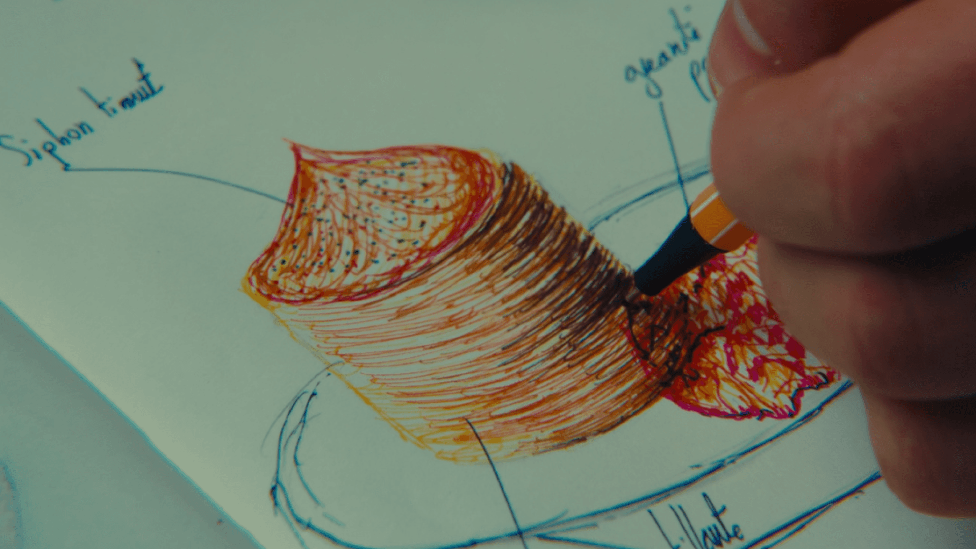 Gros plan d’un dessin de dessert annoté, esquissé par le chef Jonathan Bonneh.