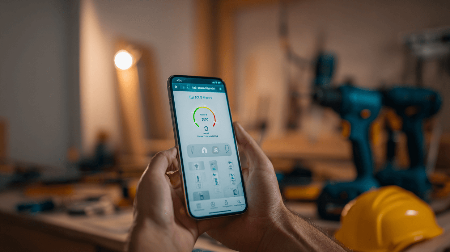 iPhone screen showing stud finder app interface with magnetic field readings and detection gauge