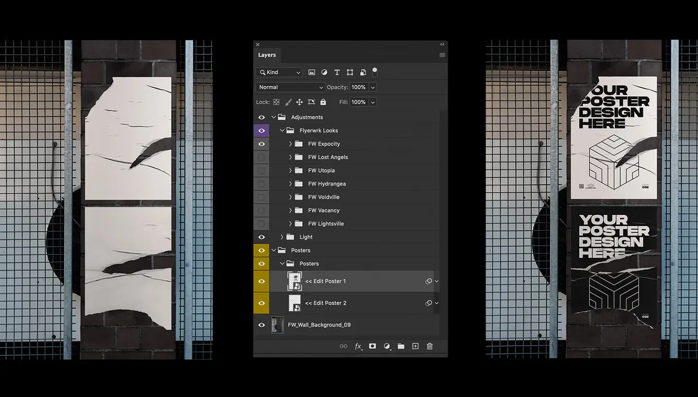 Urban poster wall mockup Photoshop layers showing smart object poster editing