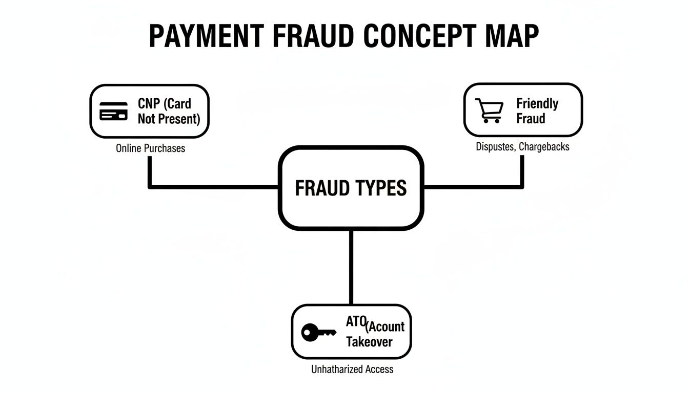 Concept map illustrating three main types of payment fraud: CNP, friendly fraud, and account takeover.