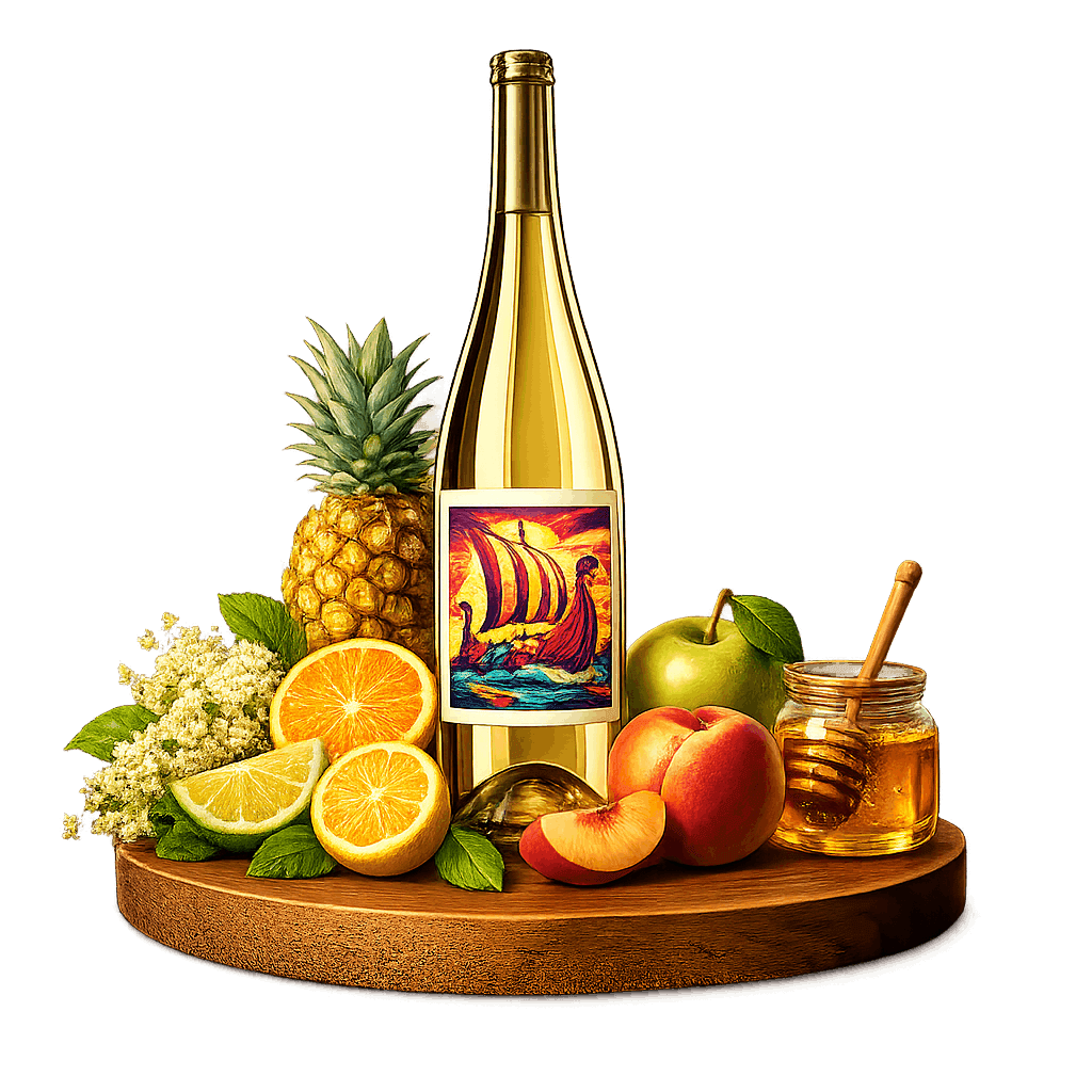 Artistic label and flavor profile for Danish Solaris on a rustic wooden table.