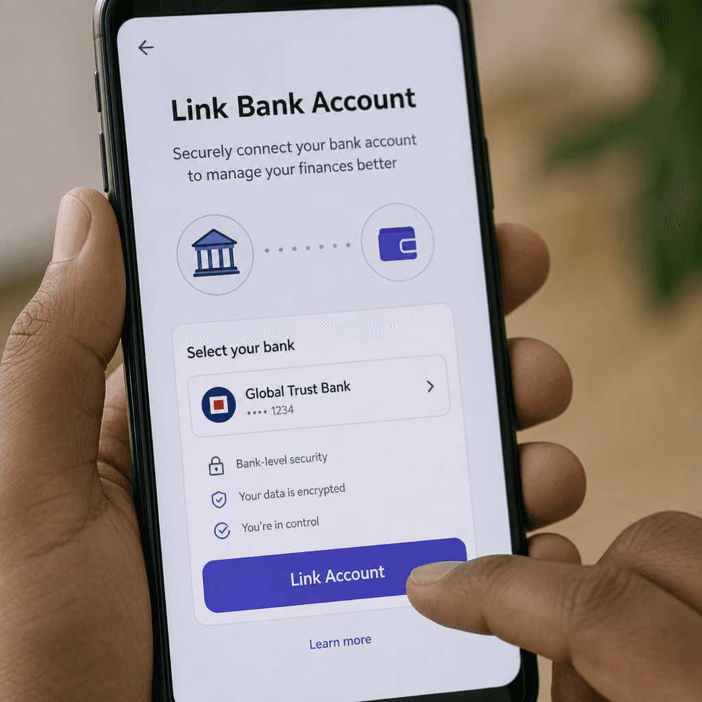 A close up of a user linking their traditional bank account to a modern digital finance app
