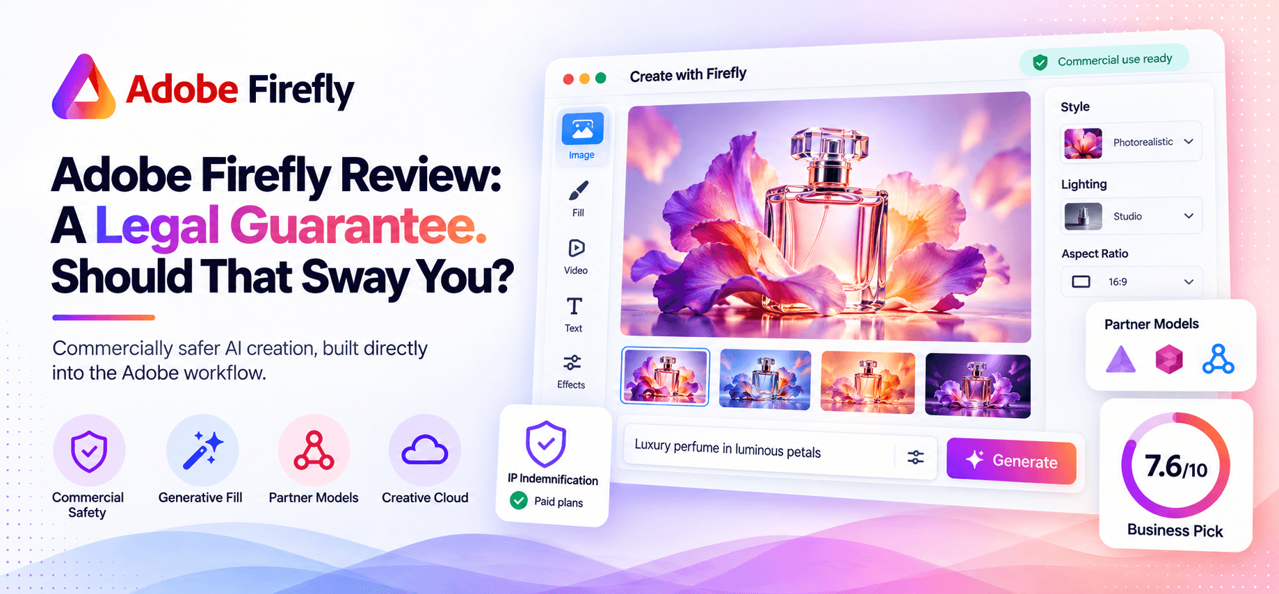 Adobe Firefly Review featured image showing an AI image-generation workspace, commercial-use protection, IP indemnification, Generative Fill, partner models and Creative Cloud integration