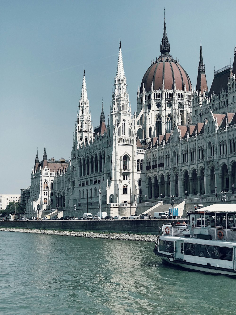 River cruise ships moored below the Hungarian Parliament in Budapest