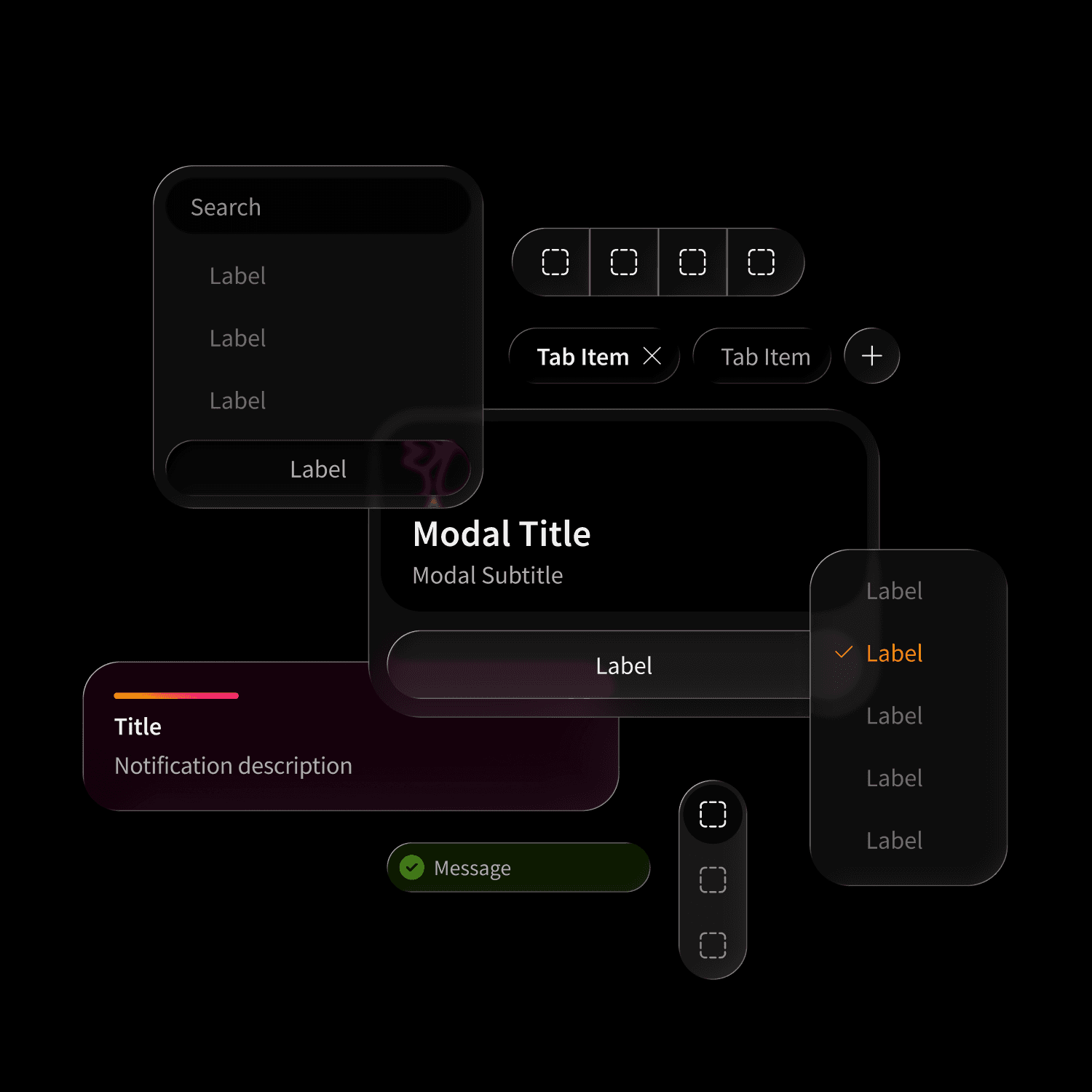 Mehrere halbtransparente, dunkel gestaltete Benutzeroberflächenelemente mit Titeln, Labels, Suchfeld und Schaltflächen auf schwarzem Hintergrund