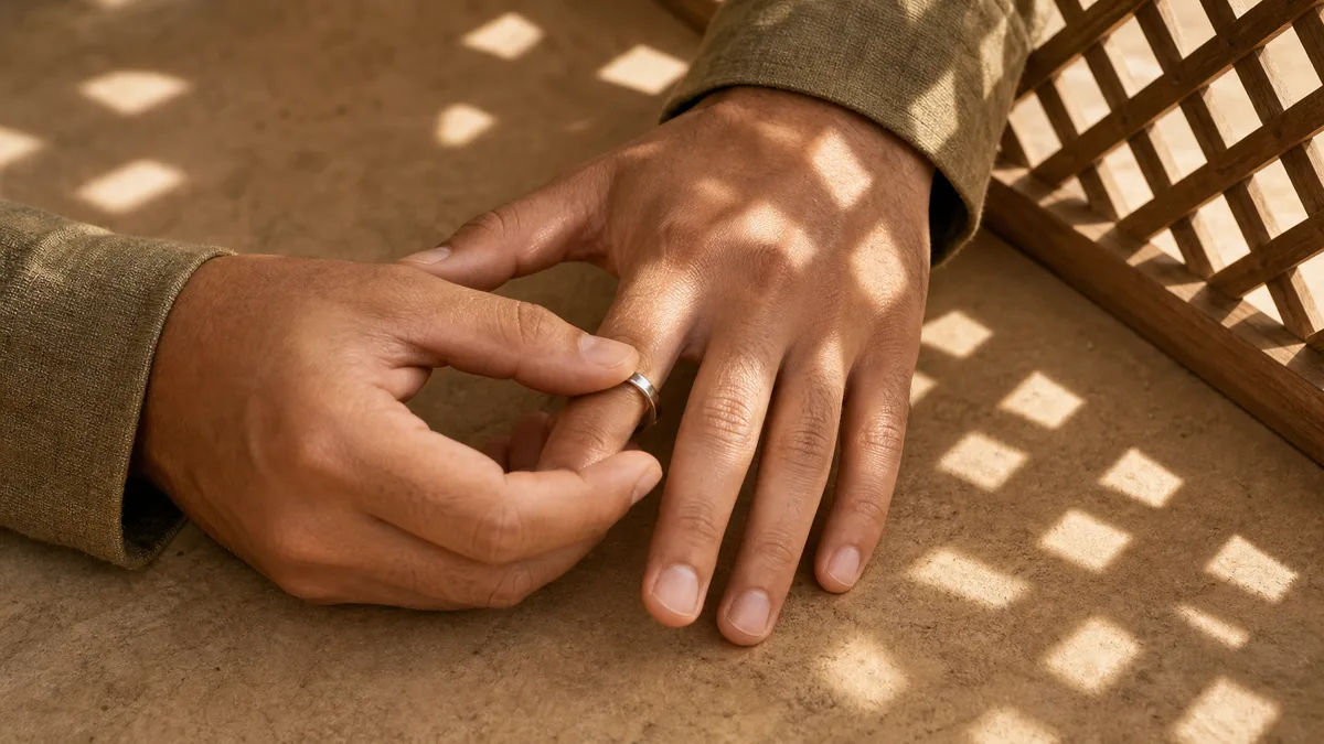 Two hands slide a plain silver ring into place in warm lattice light