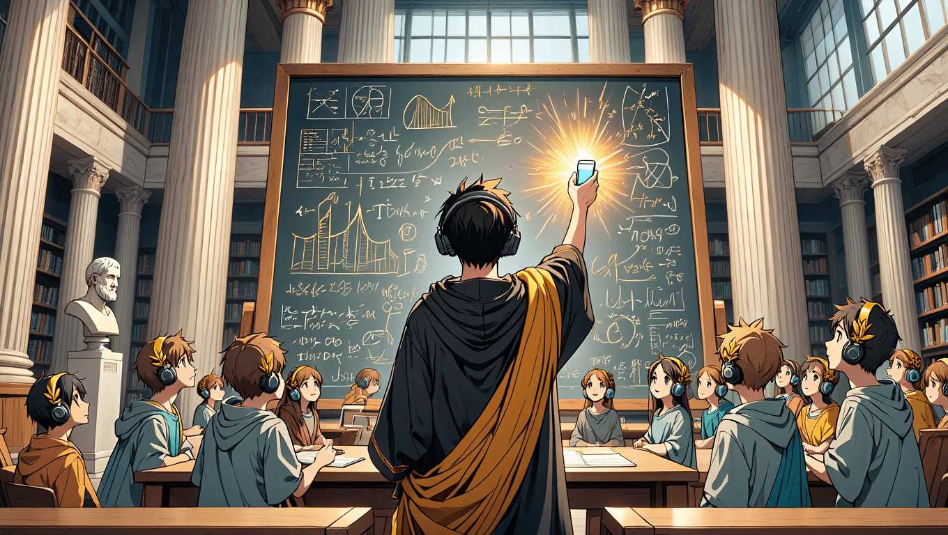 Data science student facing a glowing chalkboard of statistical formulas and bell curves, smartphone casting golden sparks