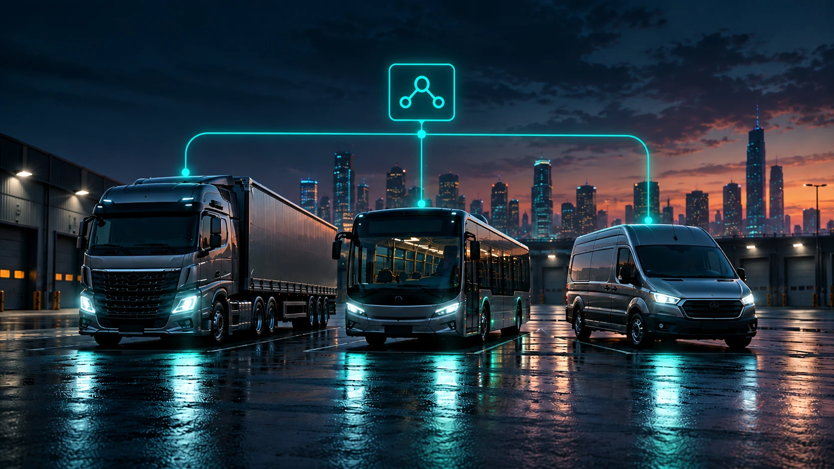 Mixed commercial fleet: heavy lorry, transit bus and delivery van connected to HabitIQ