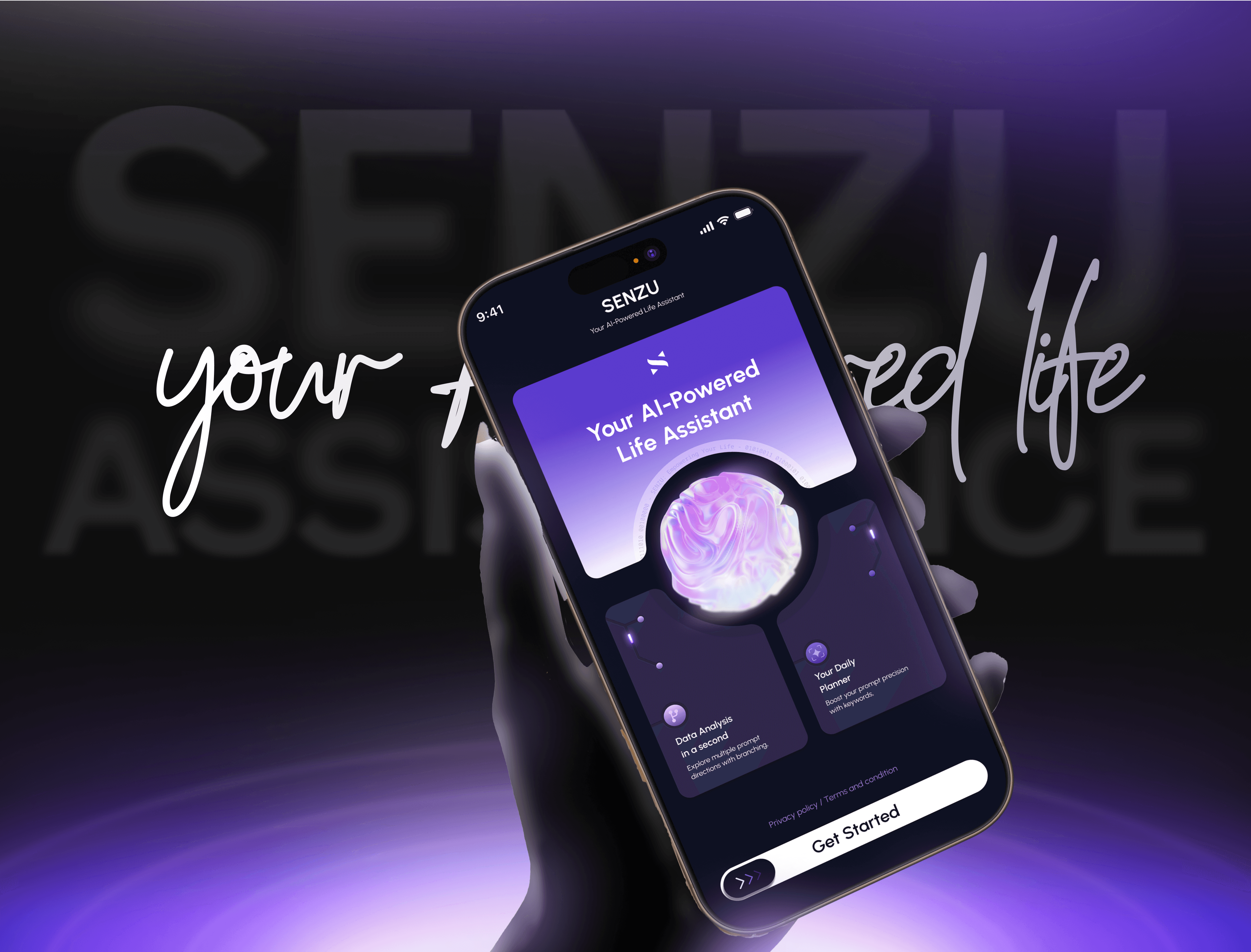 A hand holding a smartphone displaying the "Senzu Assistance" app on a purple background.