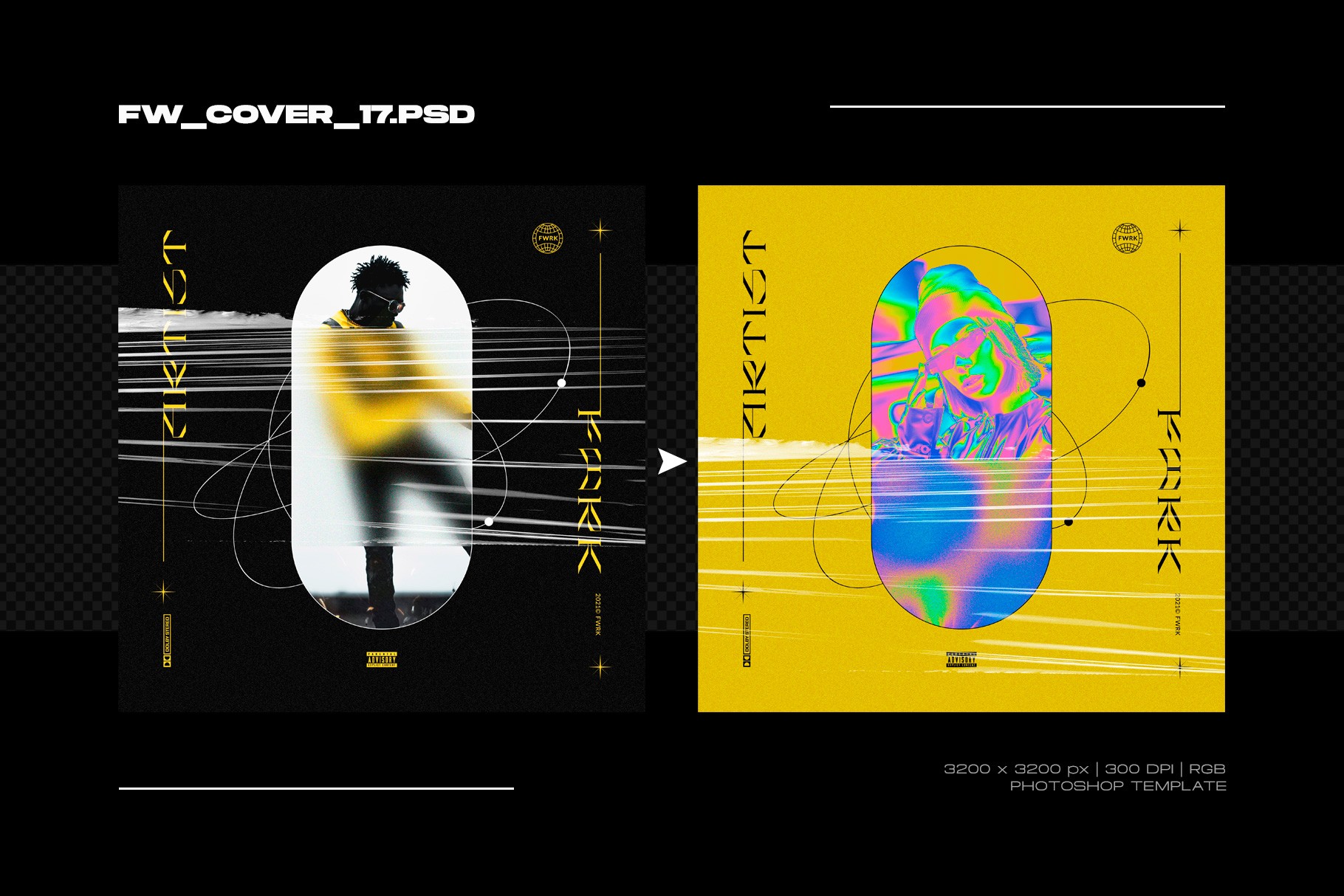 Bold yellow and black album cover design with motion blur effects and modern serif typography