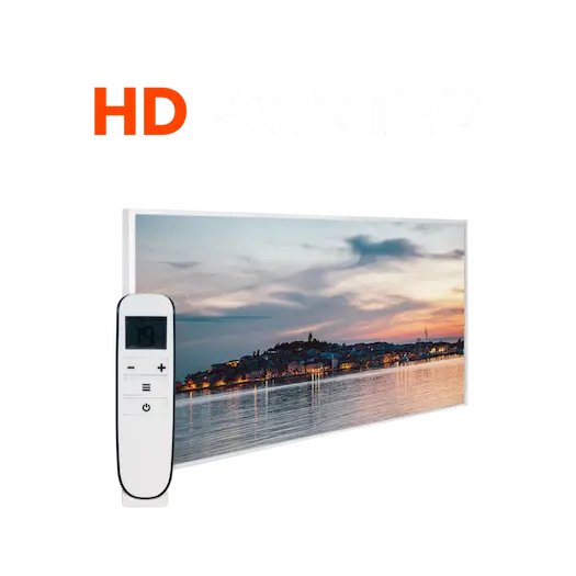 Image of rectangular infrared panel printed with italian coastal sunset design complete with remote control against a clear background with 'HD PRINTED' text above referring to the range of infrared heater.