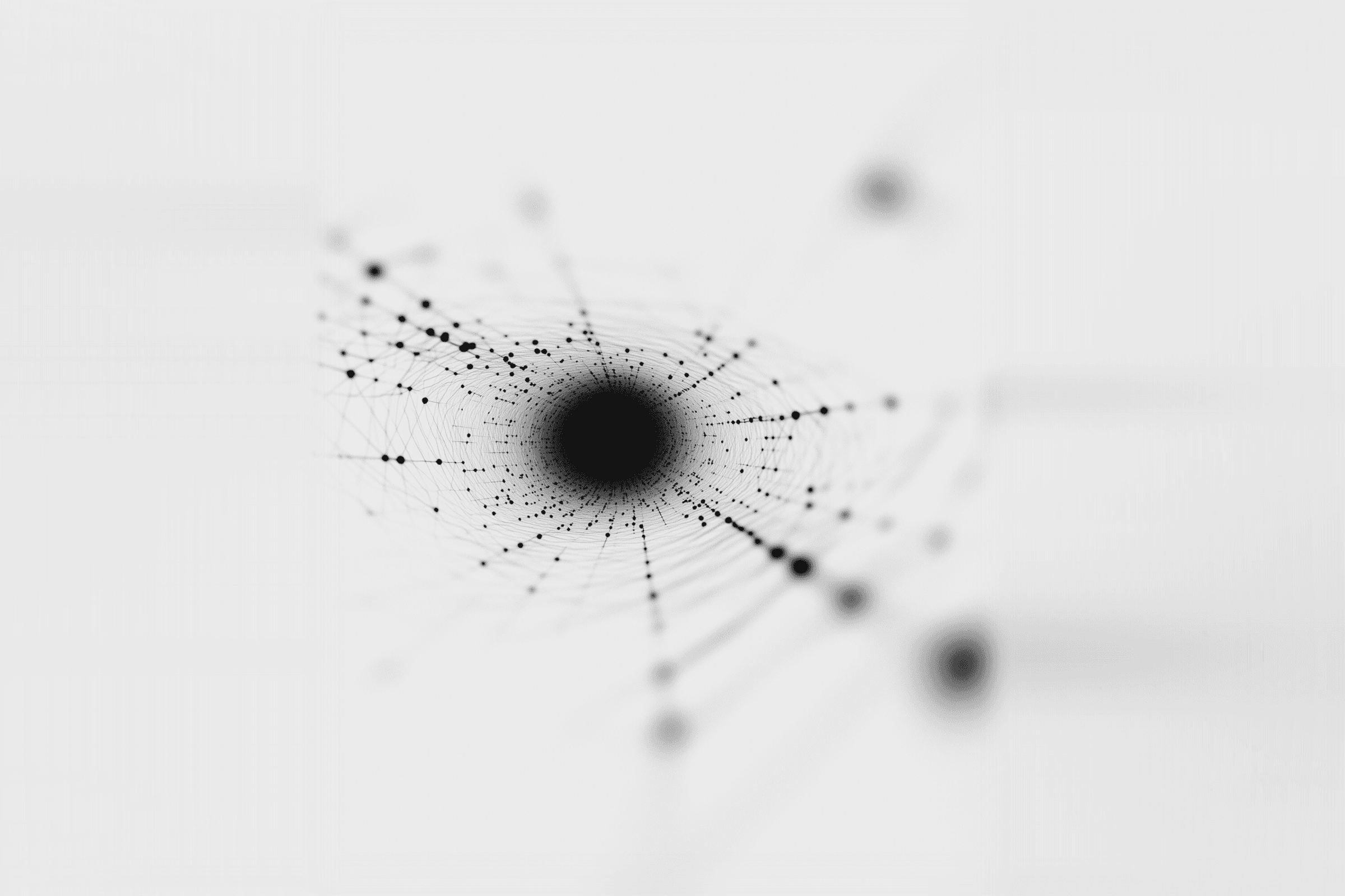 Abstract design with a black void and radiating web of dots and lines on a soft white background, symbolizing connectivity and networks.
