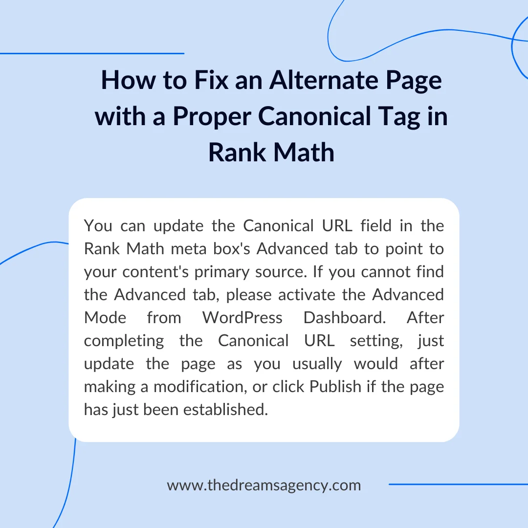 A post answering how to fix an alternate page with a proper canonical tag in RankMath