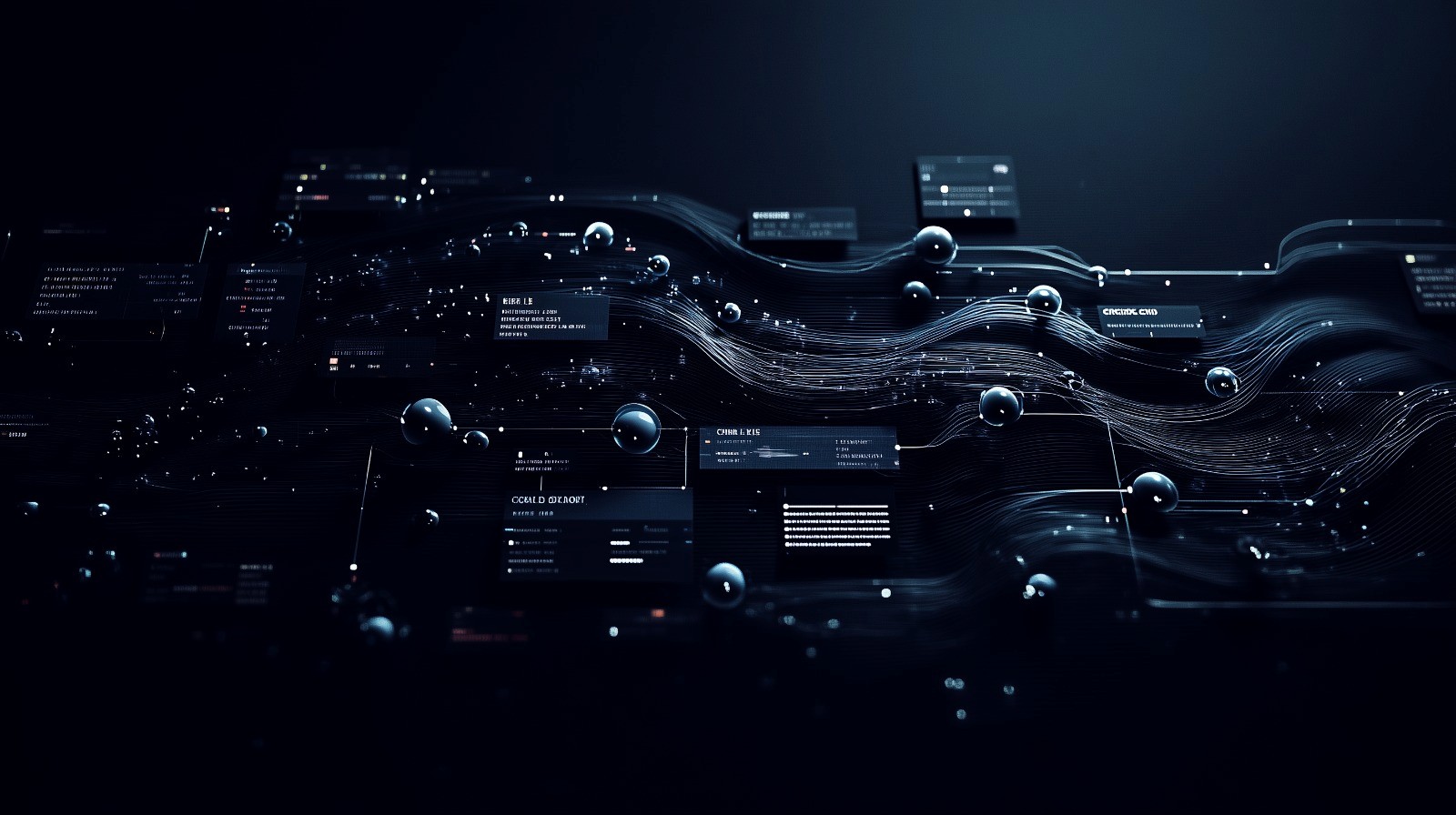 Dark, futuristic interface scene with glowing data panels, floating spheres, and flowing light trails across a digital landscape, suggesting trade intelligence and complex data orchestration.