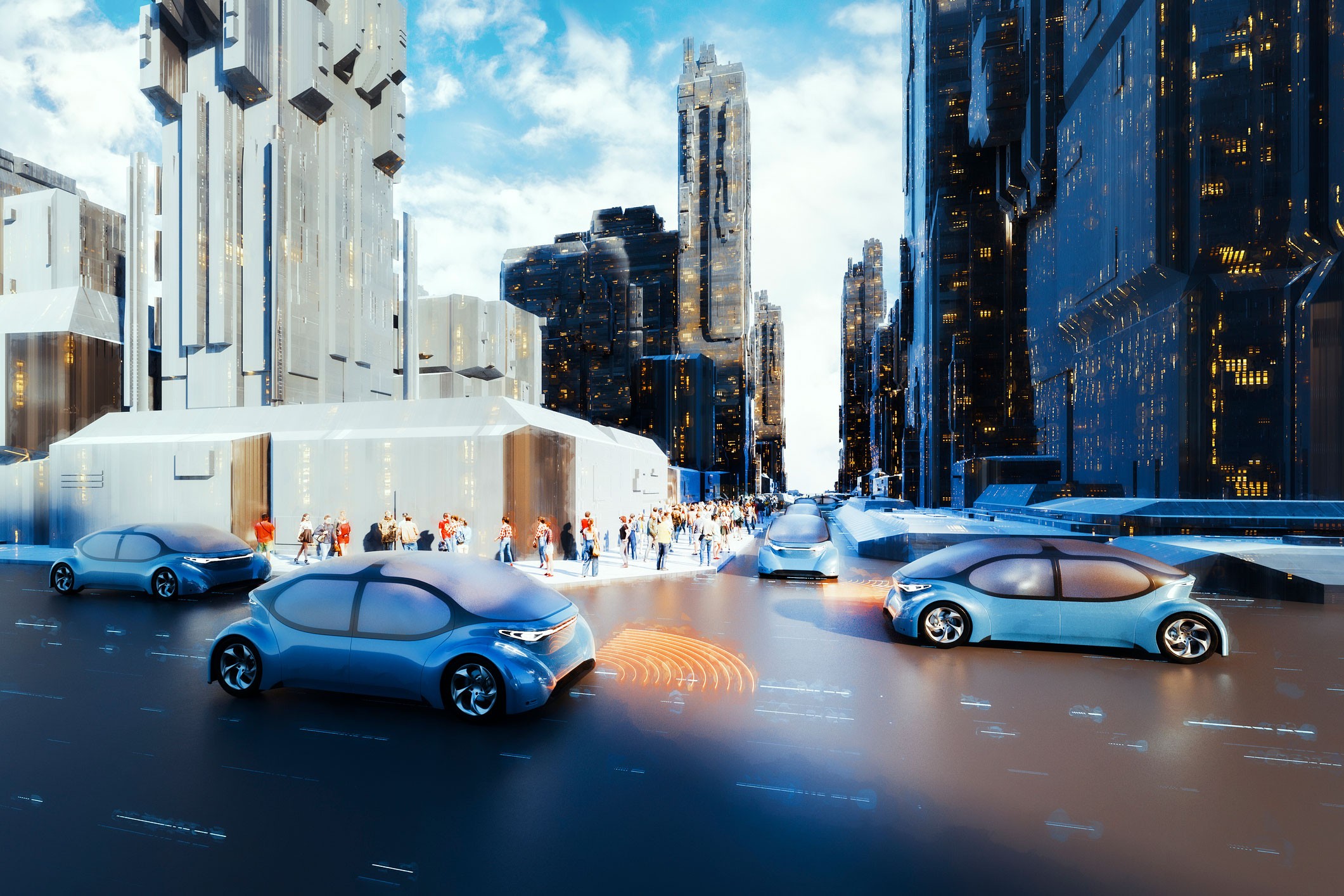 autonomous cars in futuristic city