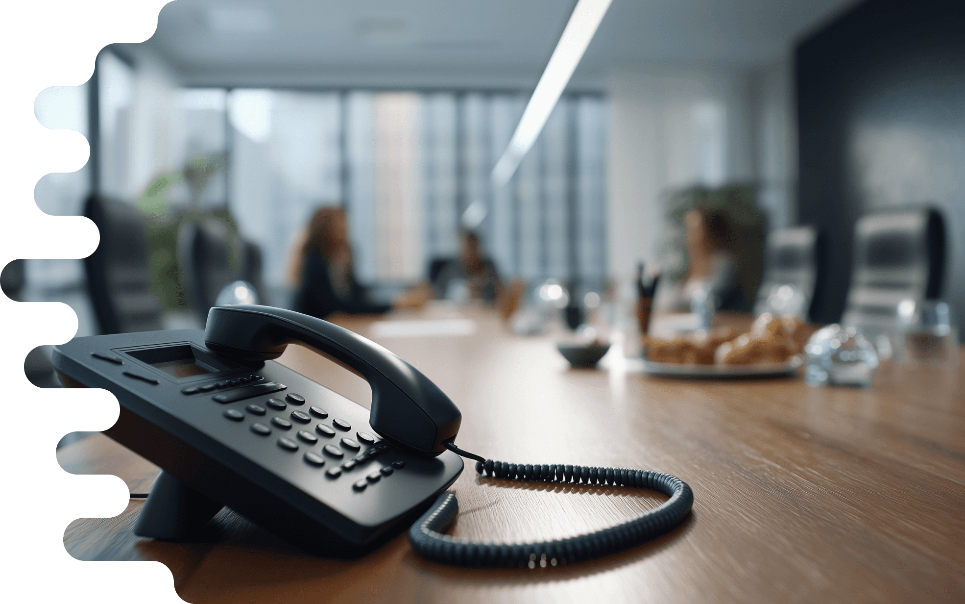 The image shows a conference table in a modern meeting room. In the foreground, there is a black telephone sitting on the tabletop. The phone has a variety of buttons and a spiral cord leading to an outlet. The table is made of light wood, and various objects are spread across its surface. In the background, several people can be seen blurred, sitting at the table and communicating with each other. Behind them, there are large windows through which daylight enters, providing a view of an urban landscape. On one side of the windows, green plants can be seen, adding a pleasant contrast to the elegant business atmosphere. There is also a plate with pastries on the table and a few glasses, possibly filled with drinks. The lighting in the room is natural and warm, contributing to an inviting atmosphere.