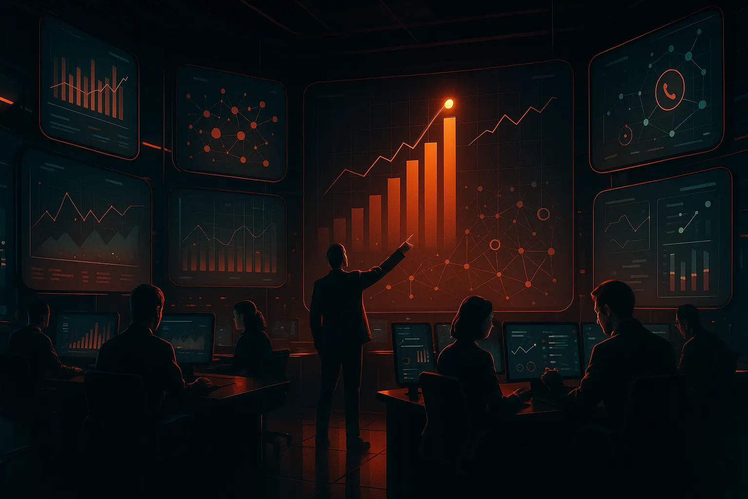 RockN' Socials team analyzing data charts at digital marketing agency.