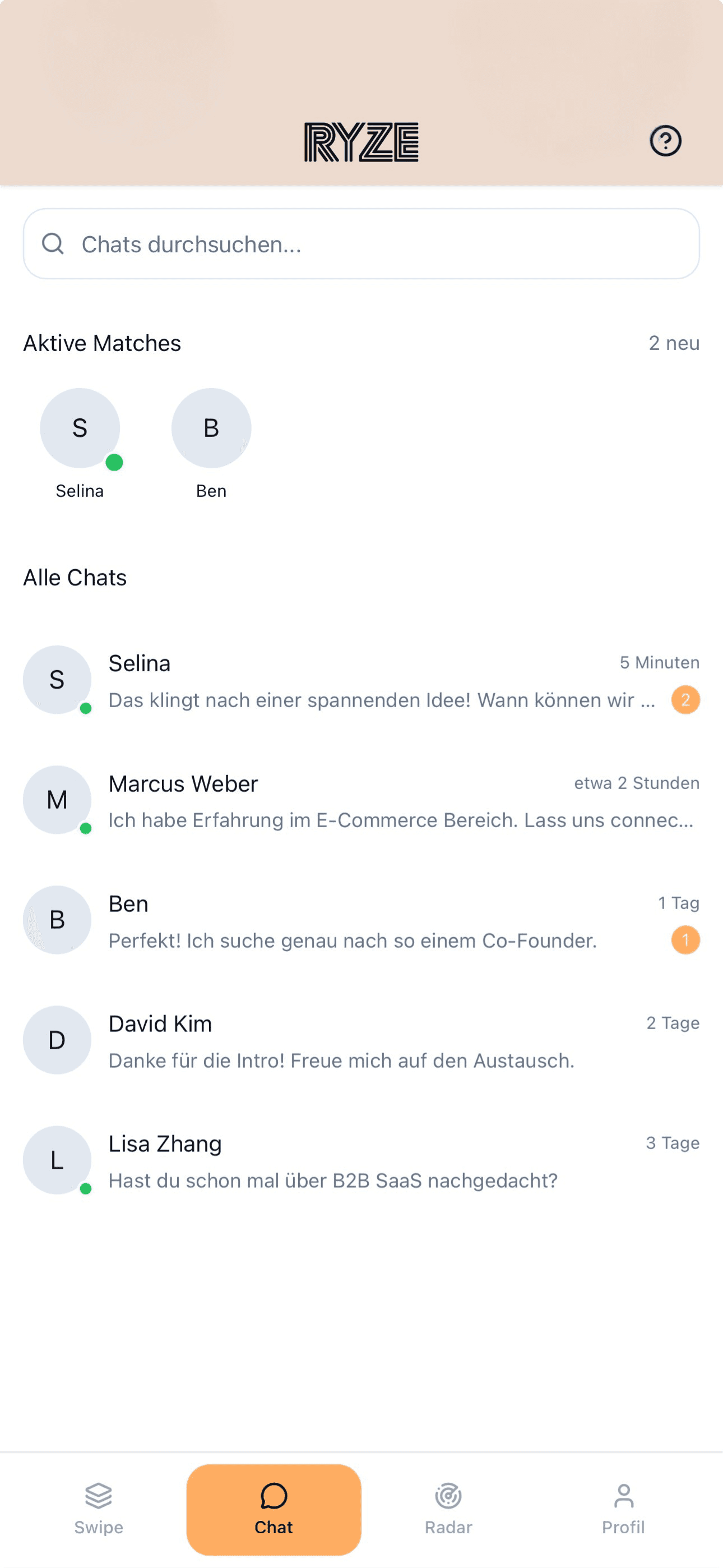 Screenshot Chat, erste Kontaktaufnahme im Match