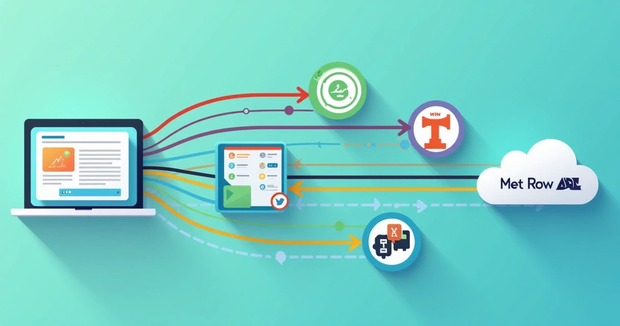 Diagrama colorido mostrando integração entre site, chatbot, WhatsApp, CRM e API de conversão da Meta 