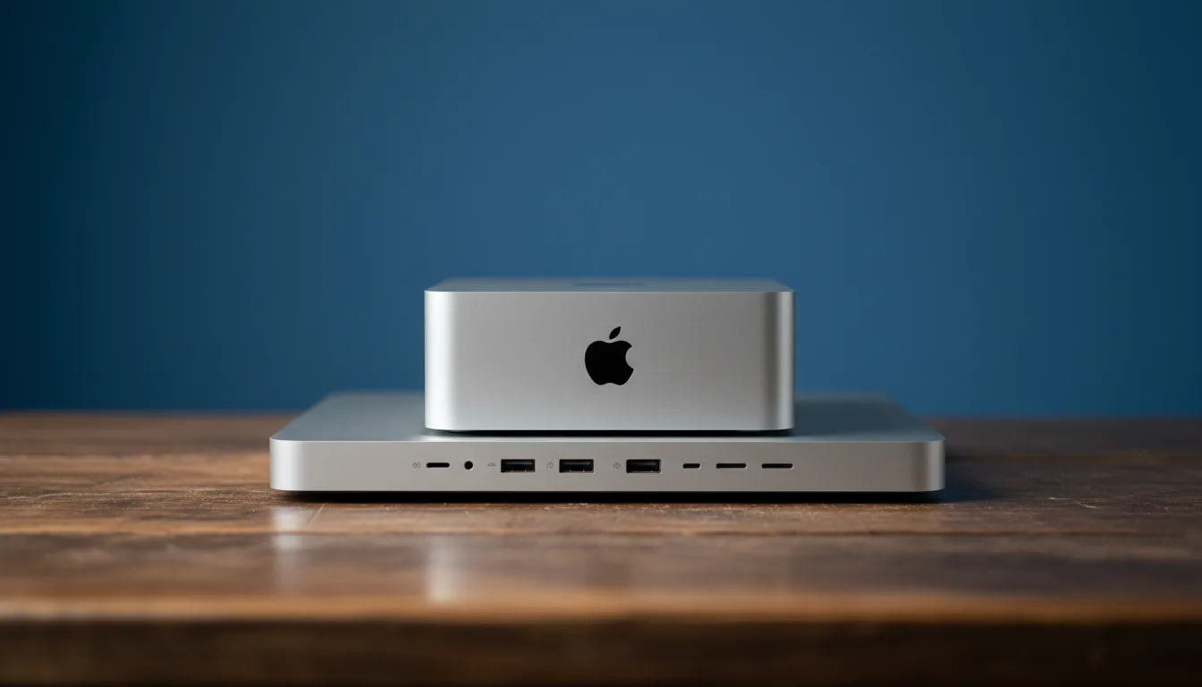DSLR photograph of a silver Apple Mac Mini stacked perfectly centered on top of a larger silver Apple Mac Studio, eye-level product shot. The computers are placed on a rustic dark brown wood tabletop with a detailed grain texture. The background is a solid, out-of-focus dark blue wall. The scene is illuminated by soft studio lighting, creating clean, gentle highlights on the brushed aluminum surfaces. Sharp focus on the hardware with a shallow depth of field.