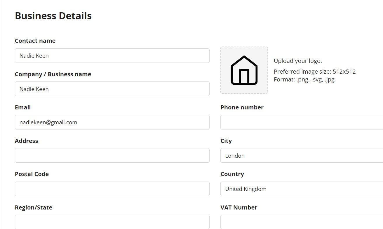 Business details form for invoice