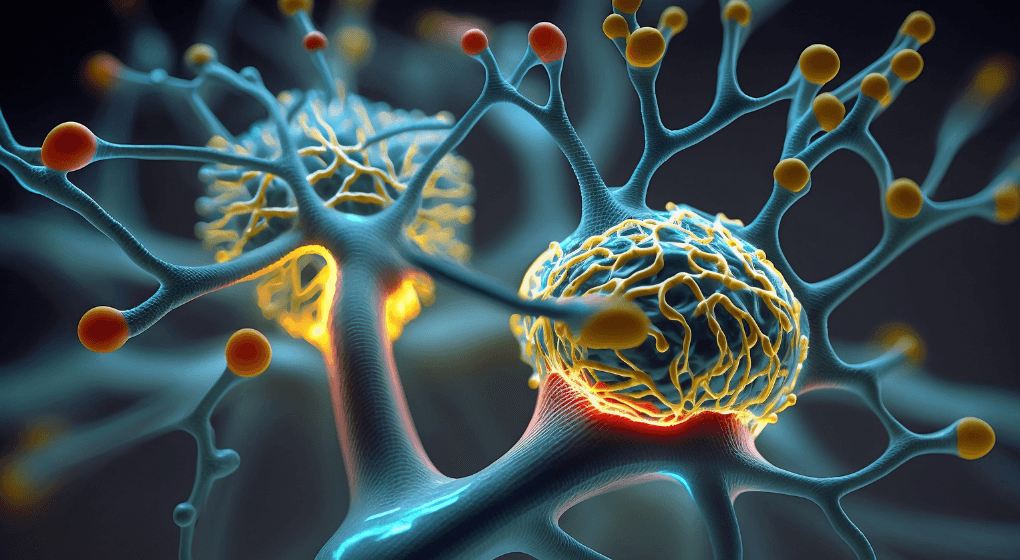 An Image of cells connecting to one another with red balls on the end and a bluish black background
