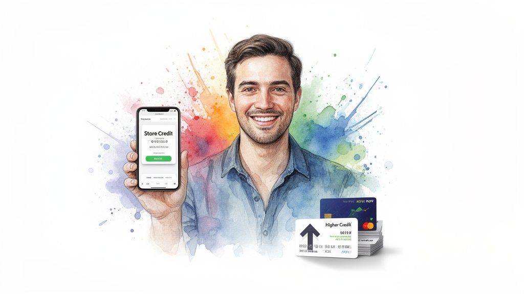 Man happily displays a store credit app on his phone, with credit cards suggesting higher credit.
