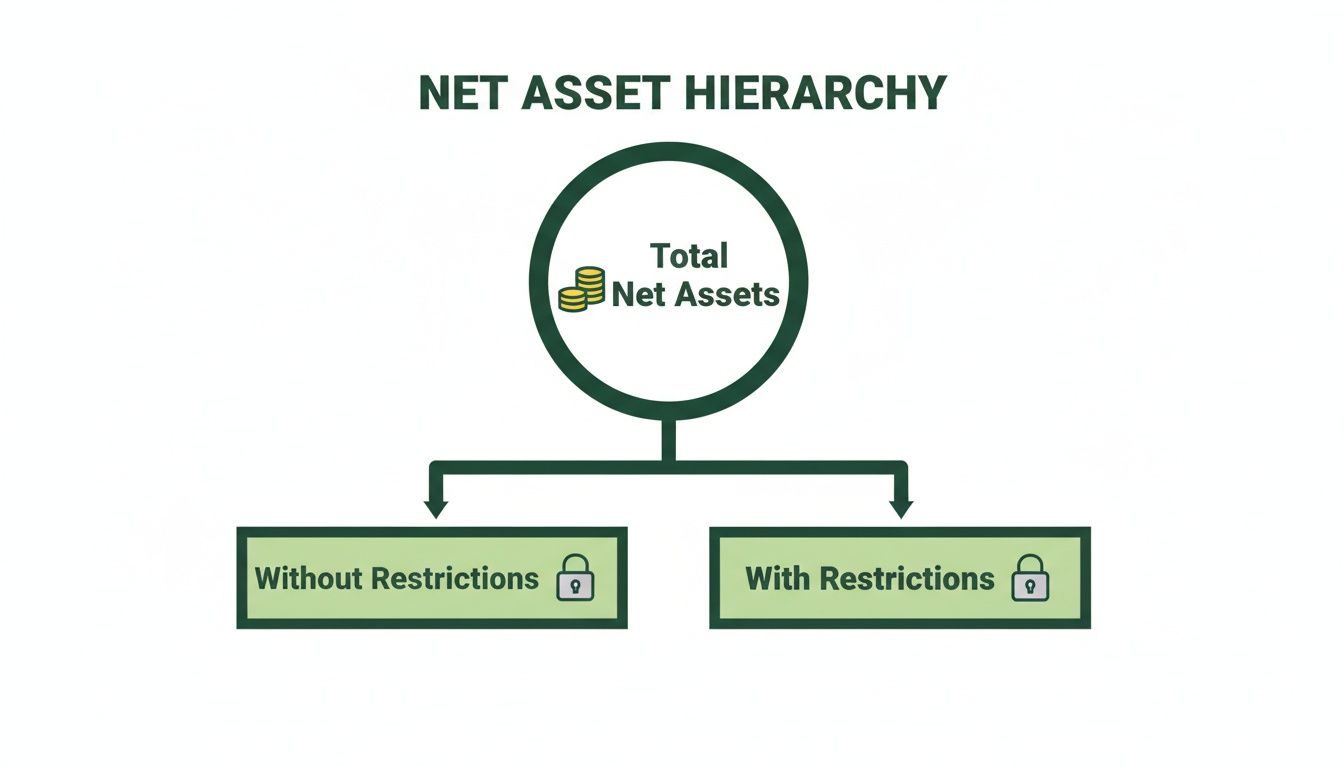 Diagram illustrating the Net Asset Hierarchy, dividing Total Net Assets into 'Without Restrictions' and 'With Restrictions'.