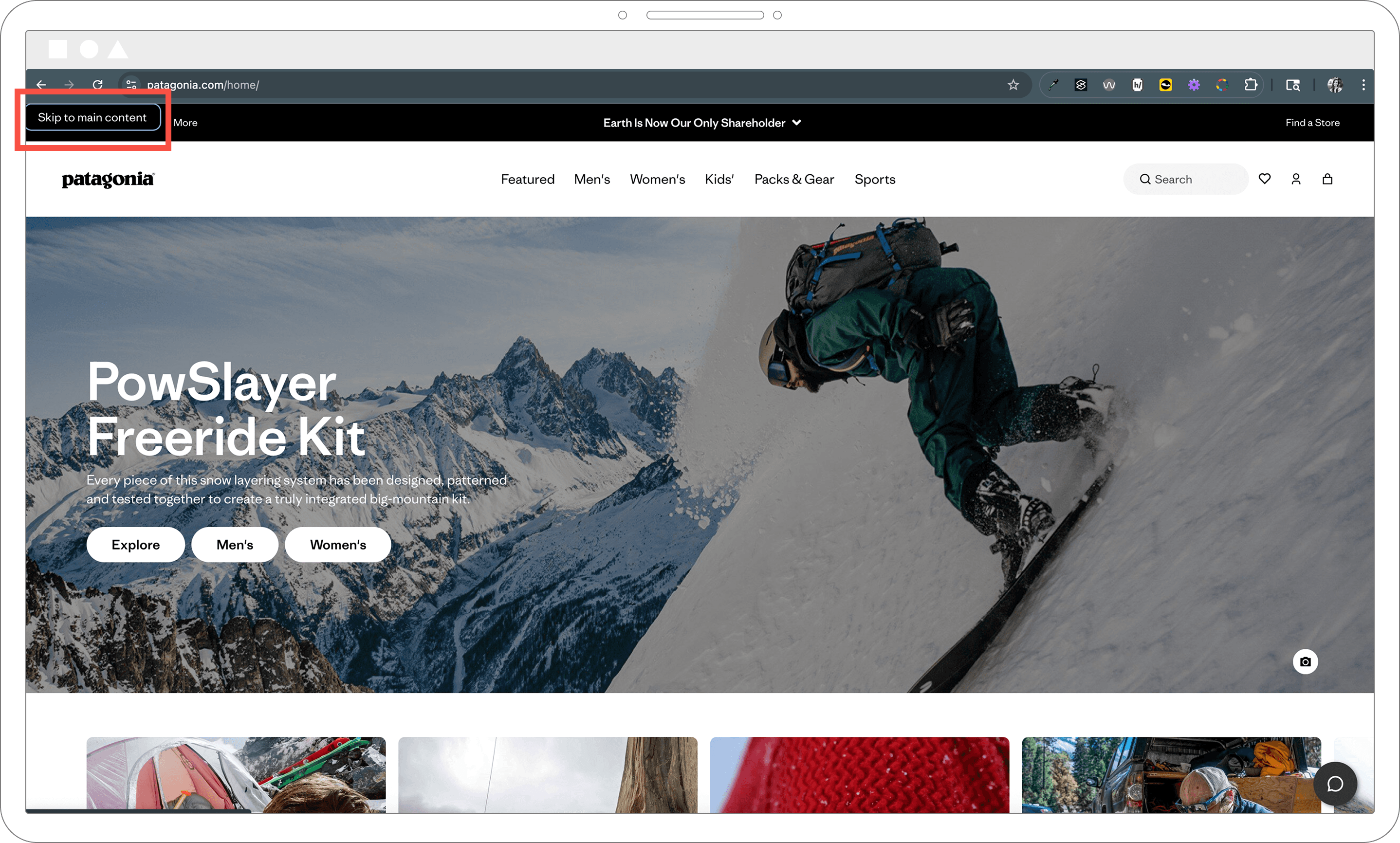 Patagonia homepage with a skip link visible on focus