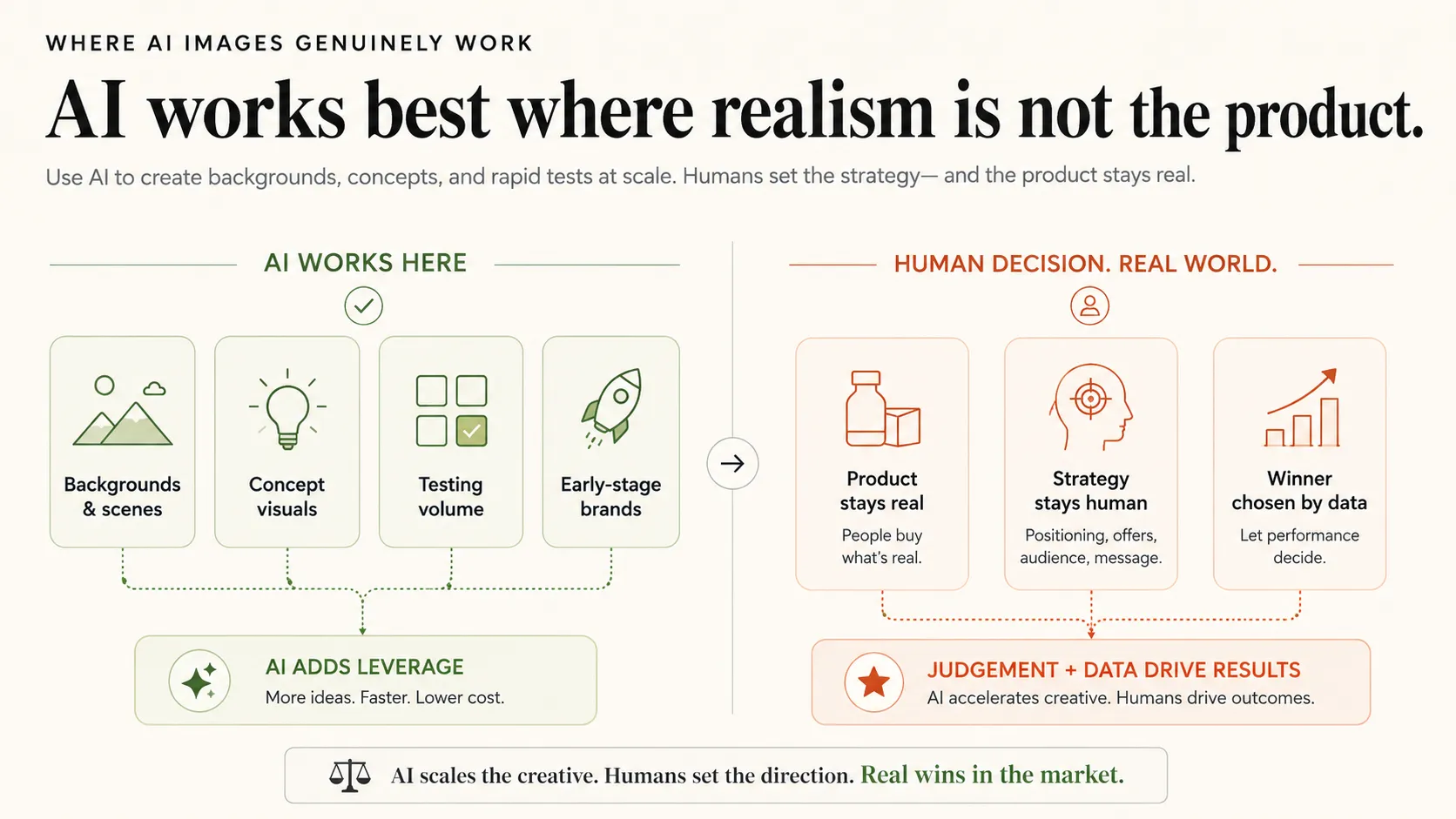 AI image use in paid ads — where synthetic visuals work vs where real photography is needed