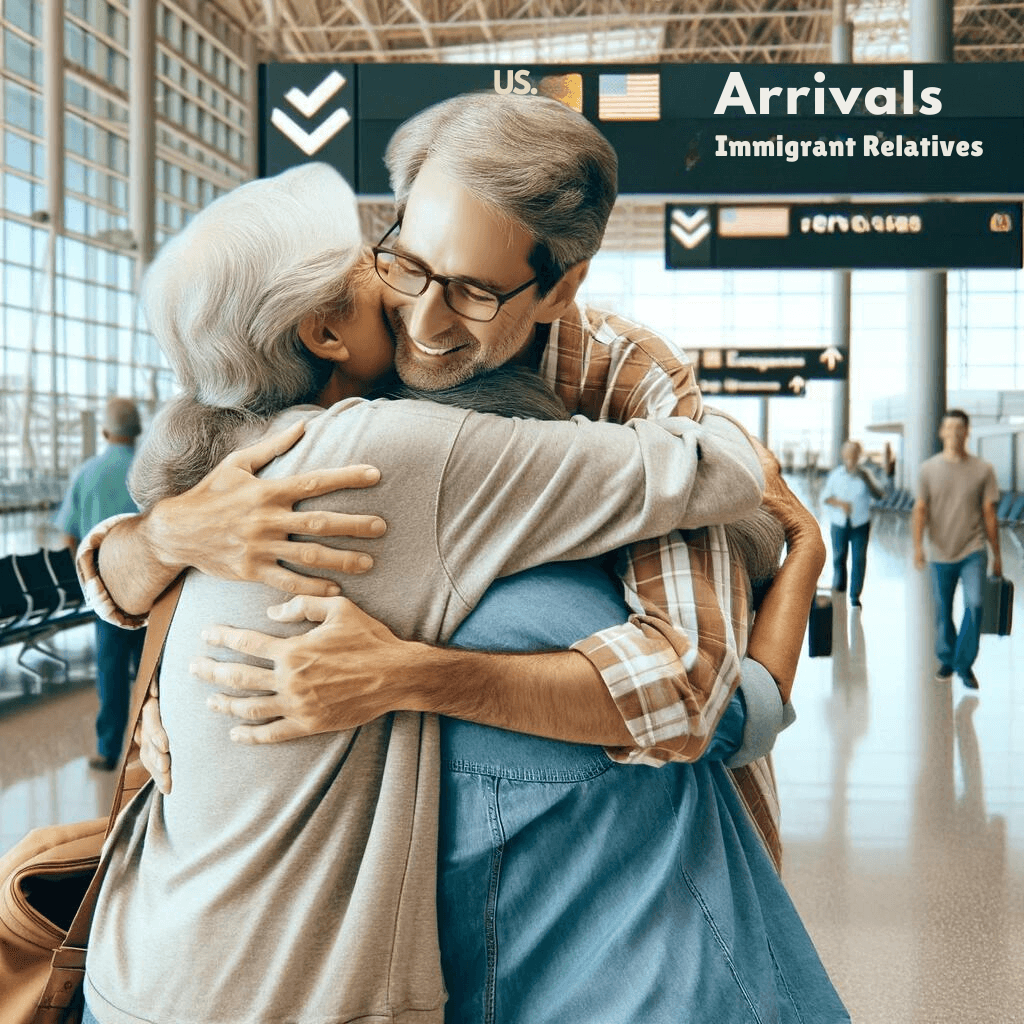 Joyful family reunion at an airport as a U.S. citizen embraces their immediate relatives, highlighting the essence of the Immediate Relative Visa's role in bringing families together.