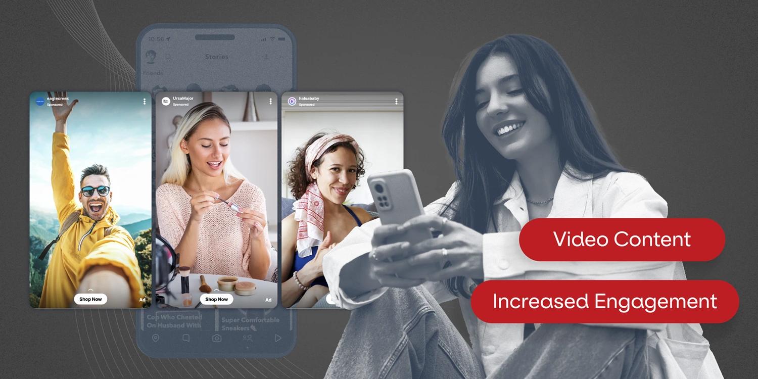 A woman scrolling through her mobile phone and TikTok with the words "video content" and "increased engagement" nearby.