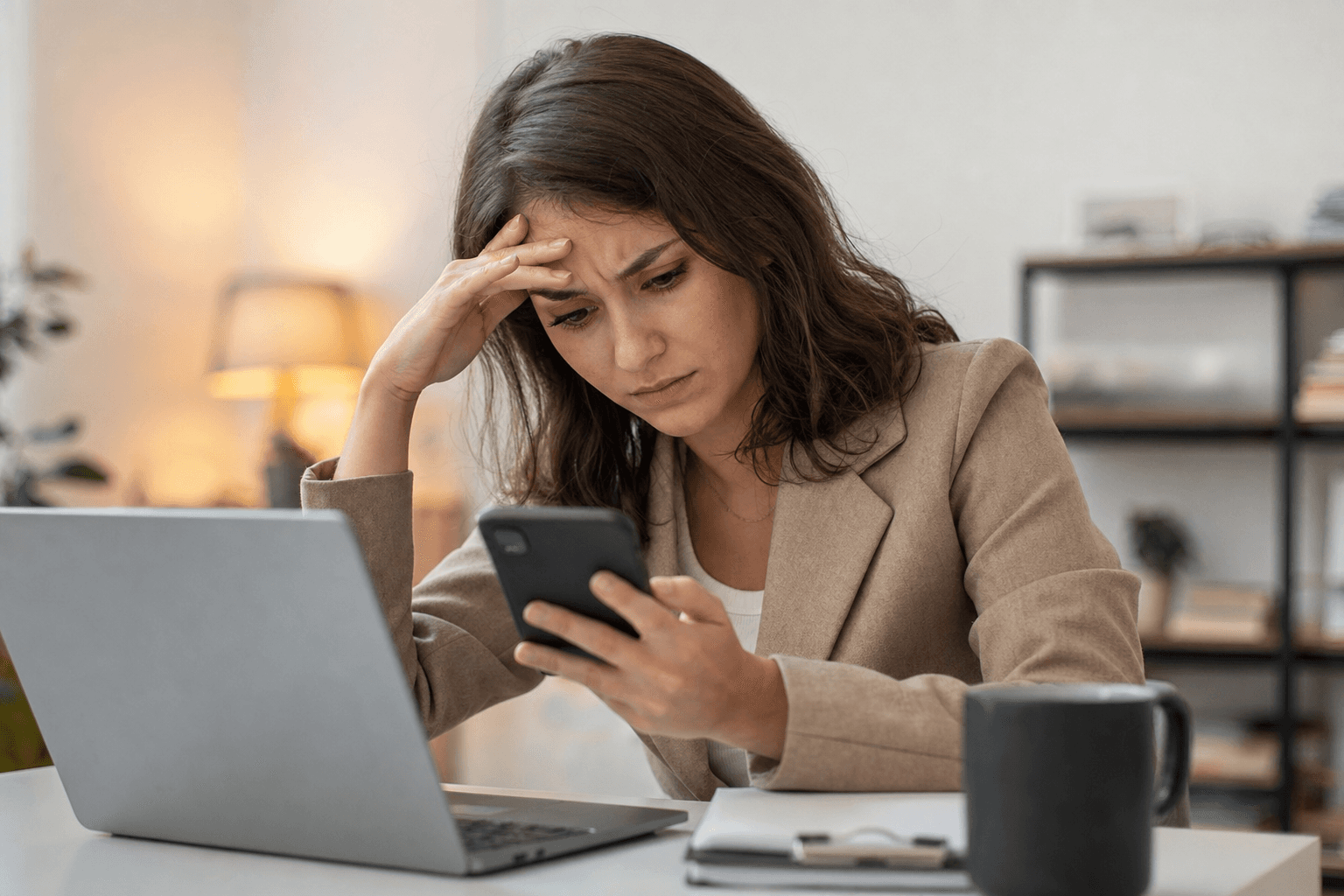 A person sitting at a desk looking at their phone with a worried, anxious expression, hand on forehead showing stress and emotional overwhelm. Modern office or home workspace setting with warm, muted colors. The scene conveys emotional intensity and social anxiety in everyday moments. Photorealistic style, natural lighting, empathetic and relatable mood.