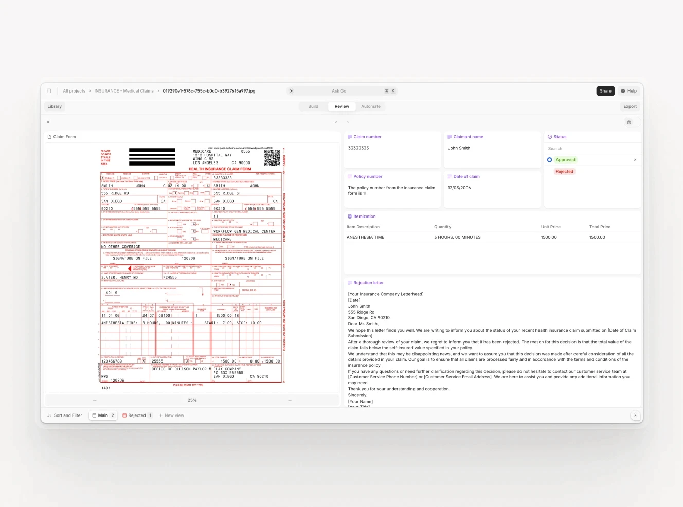 Entity view within the V7 Go underwriting AI platform, displaying a detailed breakdown of a digital insurance claim form. Extracted data fields, such as claimant name, policy number, claim status, and itemization.