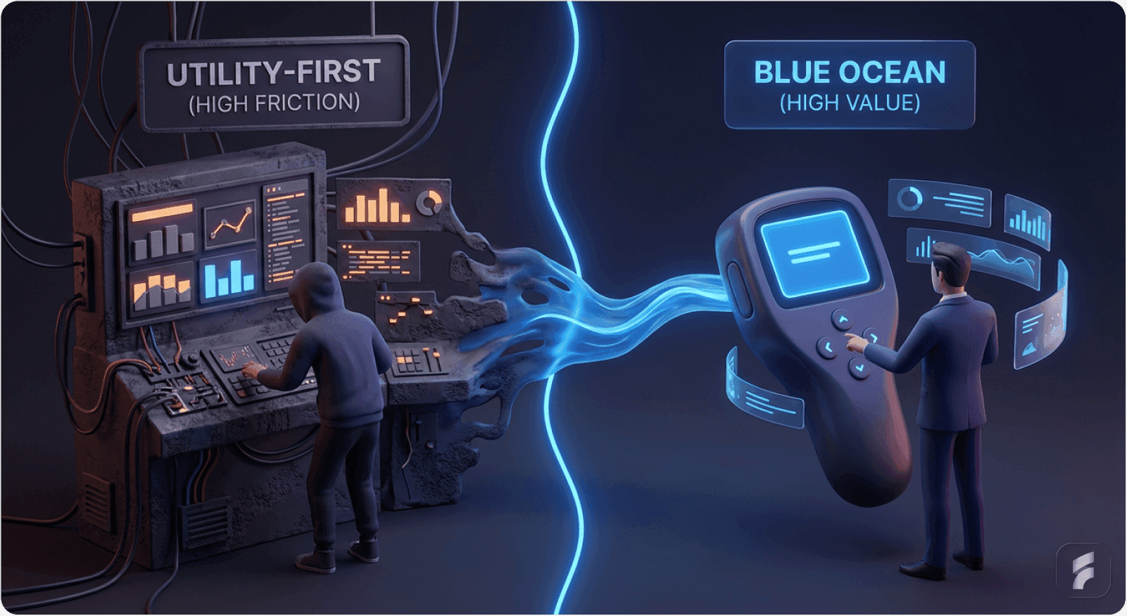 3D visual showing the utility-first strategy with rough but functional tools transitioning to effective solutions