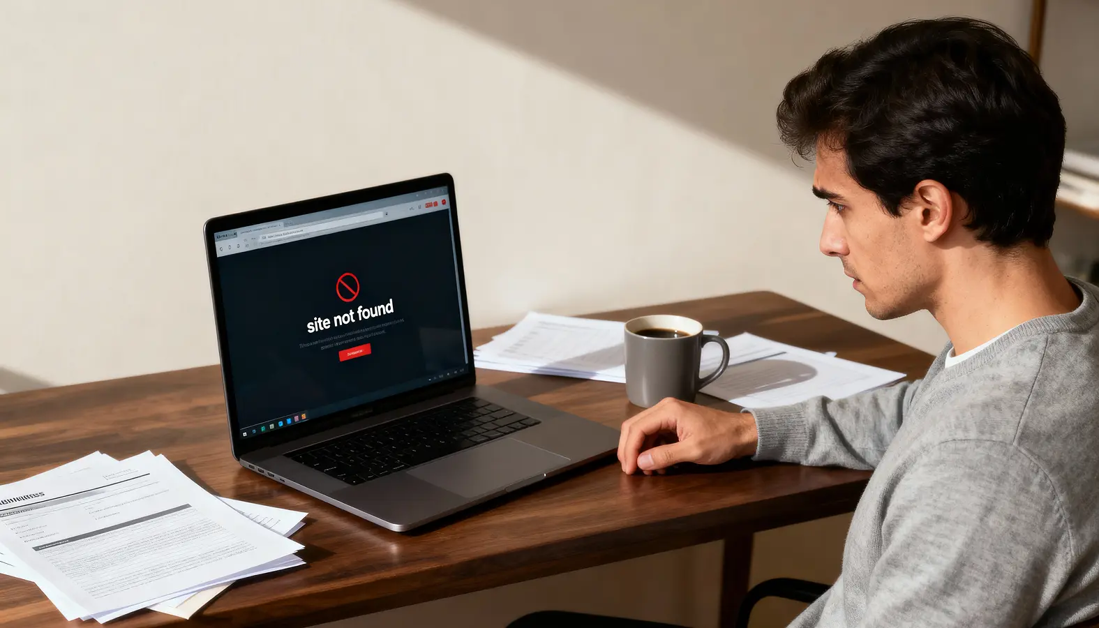 A frustrated small business owner is looking at a laptop with a broken website