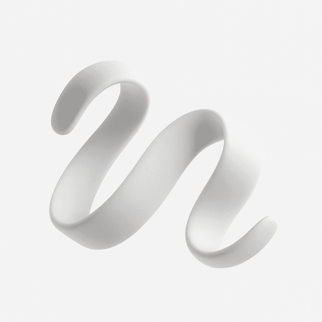 3D-rendered smooth white ribbon-like shape floating on a clean light background