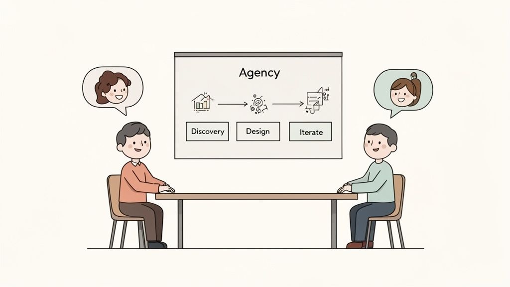 Two cartoon people discuss an agency's three-step process: Discovery, Design, and Iterate on a screen.
