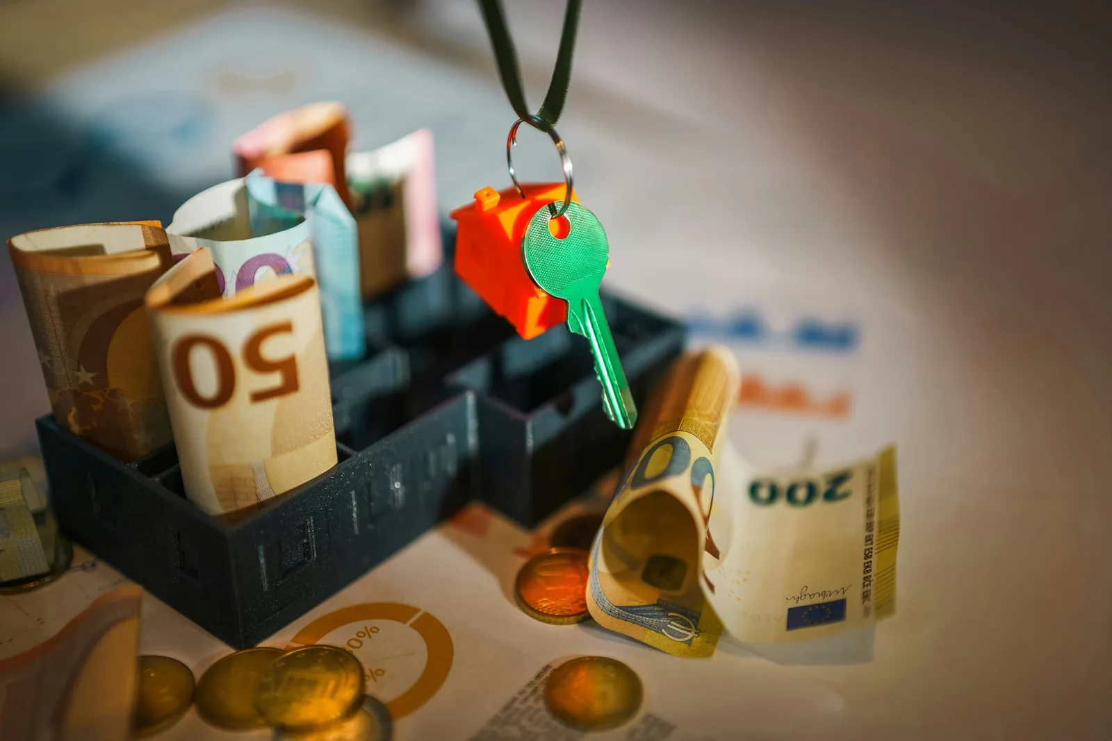 Миниатюрен ключодържател къща с евро банкноти, монети и калкулатор