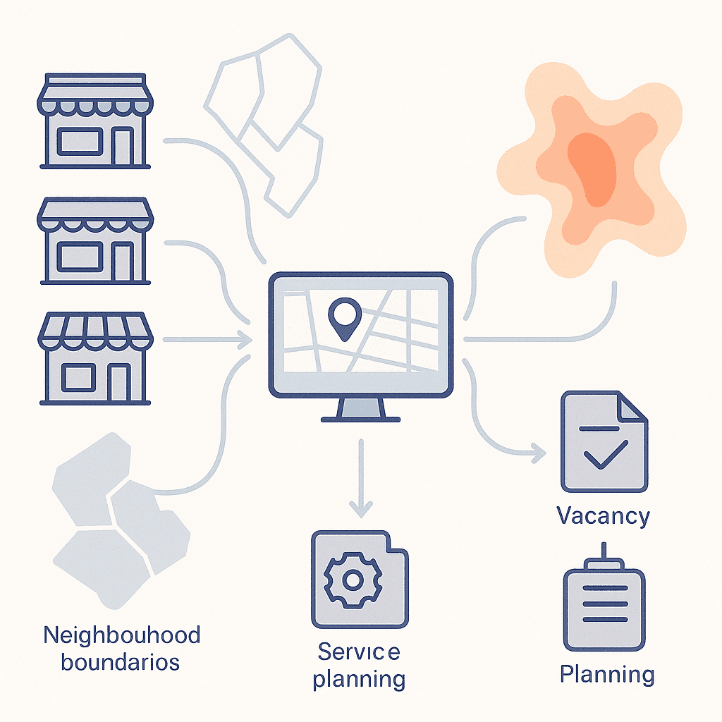 Flow diagram of storefront and pedestrian data merging into a BID analytics dashboard