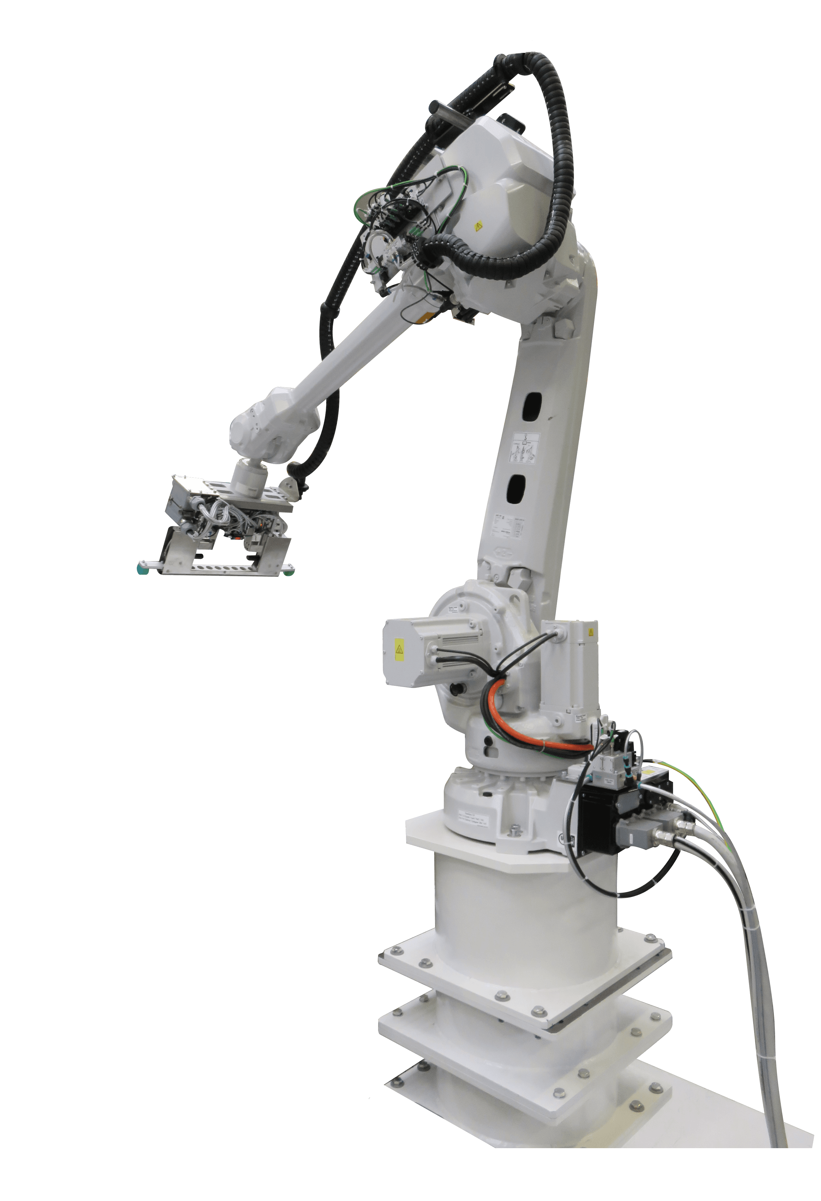 Industrieroboter, weiß, mit Greifarm. Automatisierung in der Fabrik. Modern.